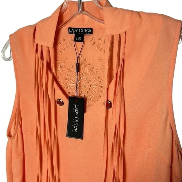 LADY DUTCH HIGH SOCIETY sleeveless peach blouse , sz SM and LG . Long fringes - Picture 2 of 16